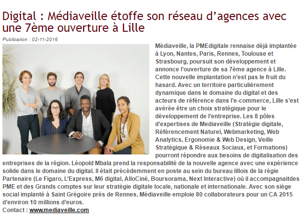 Mediaveille étoffe son réseau d’agences avec une 7ème ouverture à Lille