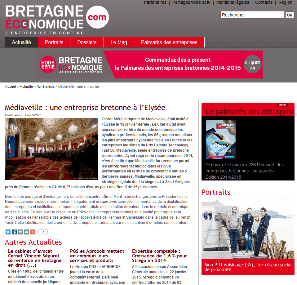 Mediaveille une entreprise bretonne à l’Elysée dans Bretagne Economique