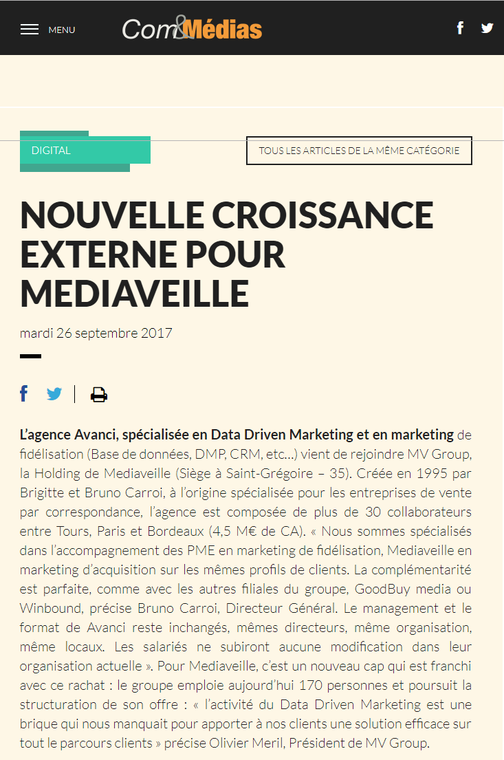 Nouvelle croissance externe pour MEDIAVEILLE
