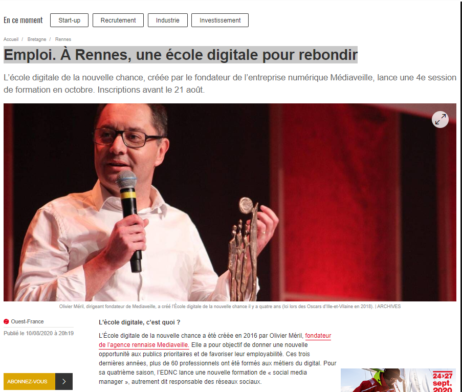 EMPLOI. À RENNES, UNE ÉCOLE DIGITALE POUR REBONDIR