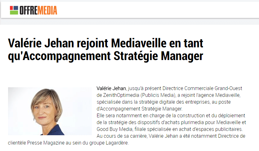 OFFRE MEDIA – Valérie Jehan rejoint MEDIAVEILLE en tant qu’Accompagnement Stratégie Manager