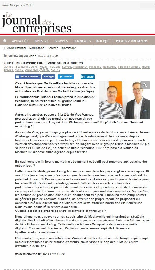 Ouest. MEDIAVEILLE lance Winbound à Nantes